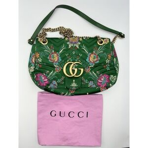 Jacquard Matelasse Floral Medium GG Marmont‎ Silk Shoulder Bag Green Floral